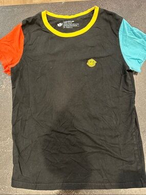Dutch Bros Black Tee with Yellow Trim and Orange & Teal Sleeves